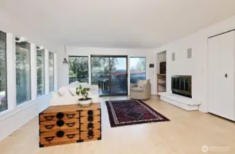 Wood fireplace and laminate floors.
