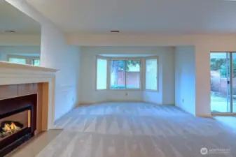 Living room with gas fireplace and bay window overlooking the private back yard.