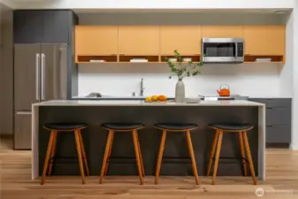 The kitchen is a chef's dream, featuring elegant quartz countertops, high-end Bosch appliances, an induction stove, and Abodian cabinetry, which offers ample storage space for all your culinary needs.