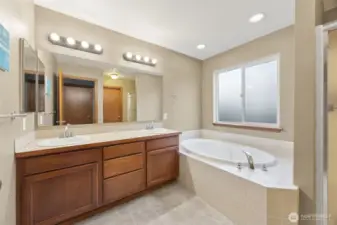 Large primary bedroom with tub and shower!