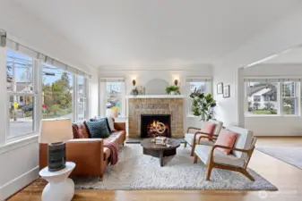 Living room has a gas fireplace