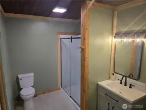 This brand new bathroom has lots of light.