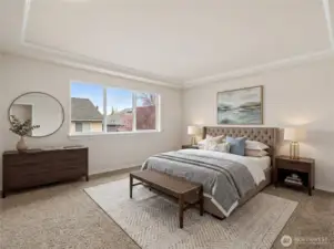 Primary bedroom. Virtually staged