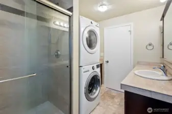 Ground floor bathroom with walk-in shower and stacked laundry units