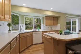 Chef's kitchen with island cooktop and tons of counter and cupboard space.