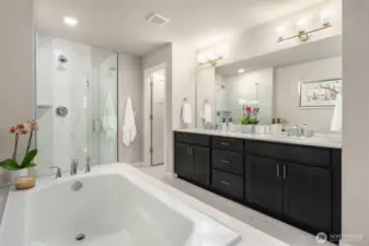 Soaking tub and walk-in shower in primary bath.