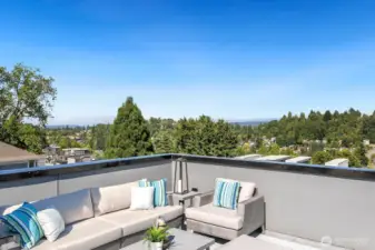 Rooftop deck is surrounded by year-round lush green