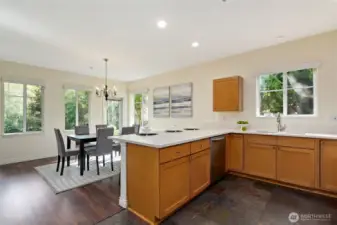 Kitchen to dining room and patio beyond.