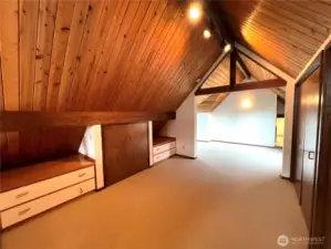 A feeling of a cabin in the woods continues to the second floor where the primary bedroom has separate spaces.