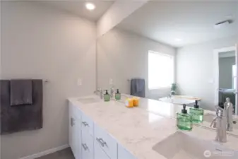 Close up of primary vanity with dual sinks.