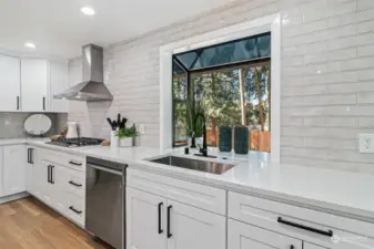 Extended kitchen window with beautiful backyard view and space for planters