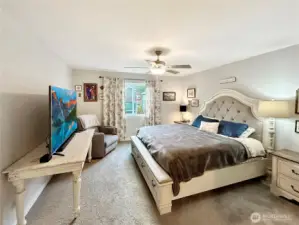 Generous primary with ceiling fan, BIG walk-in closet and luxury 5 piece bath.