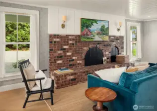 A sophisticated yet cozy library living room, blending warmth, charm, and natural light.