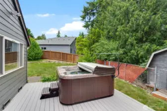Relax your stress away in the private backyard hot tub!
