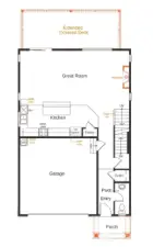 Main floor open layout, fireplace and covered deck