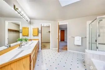 Primary bath with soaking tub, shower, dual sinks and lots of light from the skylight.
