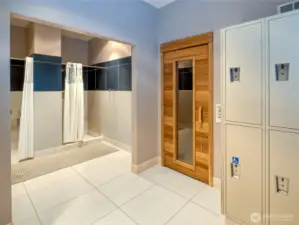 Men's locker room, showers and Sauna. Women's similary equipped 12 person spa currently being renovated