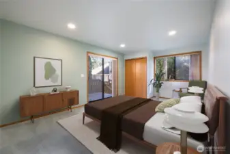View of Bedroom 2 with access to deck.     Virtually staged