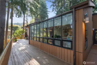 Expansive wraparound deck runs the length of the home, bordered by a striking wall of windows that brings the outdoors in. Surrounded by mature evergreens, this private setting offers generous space for seating, entertaining, and container gardening, all while enjoying serene, tree-lined views.