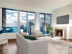 Virtually staged. Breathtaking living room, where large expanses of glass and two sliding doors showcase sweeping views of Puget Sound, West Seattle, and the vibrant city skyline.