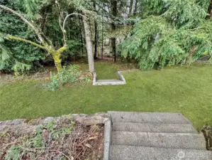 Stairs offer access to terrace and wooded portion of property.