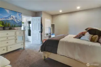 Primary BR with access to living room and exterior door to deck.
