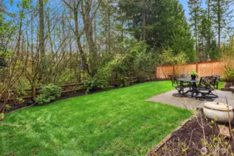Perfect size flat backyard that backs up to a protected green belt and features comfortable patio perfect for Summer BBQs or a morning coffee.