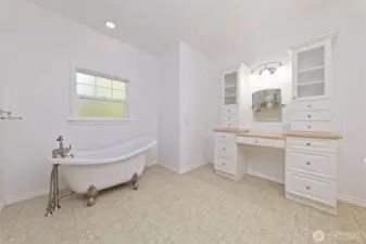 Primary bathroom with claw-foot tub, as well as there is a walk-in shower. Nice vanity.