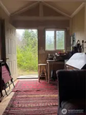 Interior of tiny cabin.