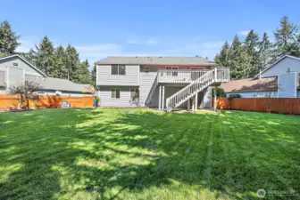 Level and fully-fenced large backyard shaded by trees.
