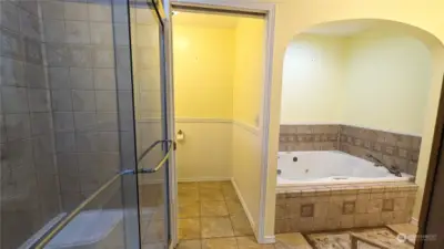 Primary bathroom with jetted tub and shower.