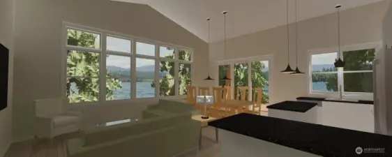 Views from the living room and kitchen area from the architectural floor plans