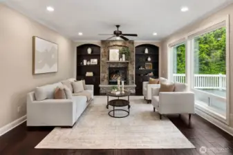 Light-filled family room off kitchen with gas fireplace