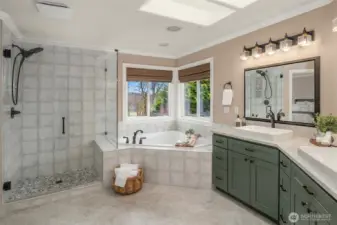 Primary bath, view from walk-in closet